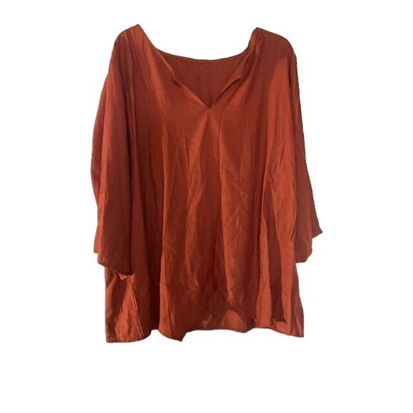 No brand Tops - Rust Orange V-Neck Loose Fit Blouse Top 3/4 Sleeve